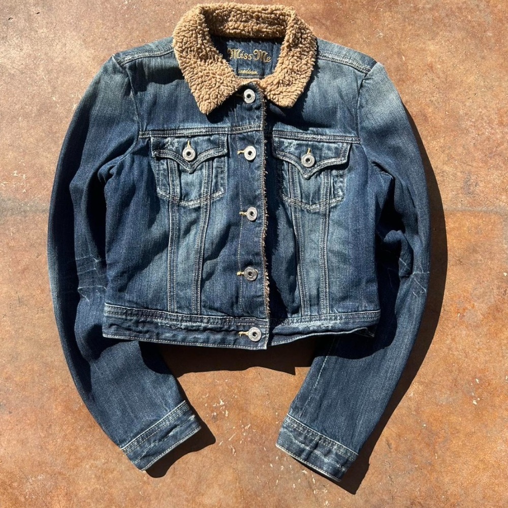 Miss Me Blue Denim Jacket with Brown Faux Fur Lining Size Medium